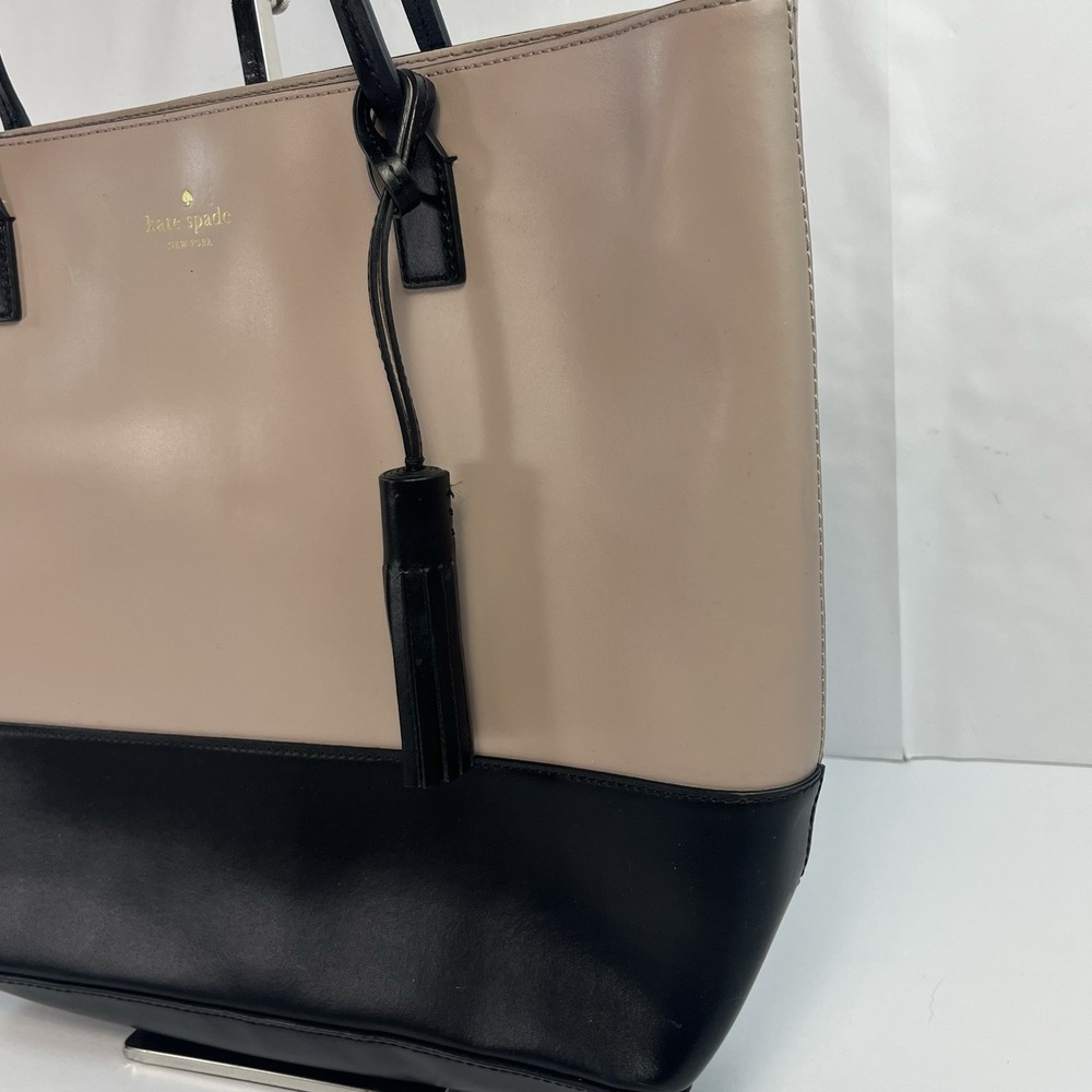 Kate Spade Black Pale Pink Leather Tote Wright Place Karla Tassel Logo Purse Bag - Picture 3 of 10